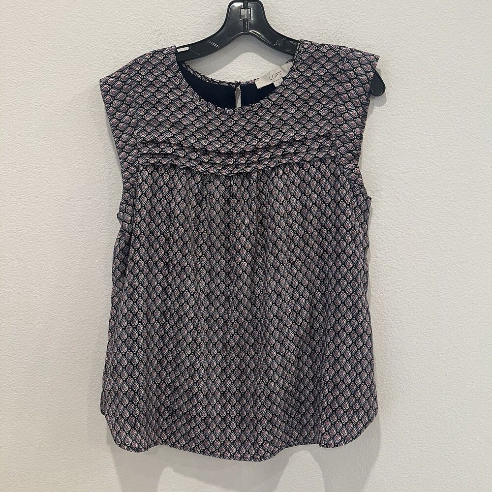 Loft Blouse Top Lightweight Popover Blouse Navy Purple Multicolor Cap Sleeve M